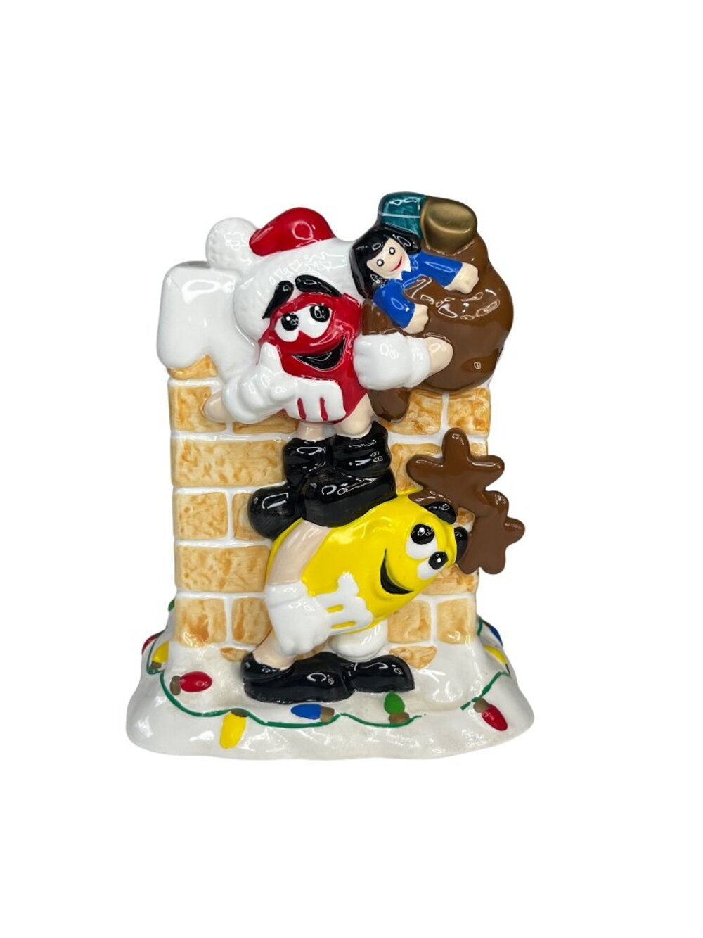 M&Ms Christmas Ceramic Candy Holder Down the Chimney Vtg Vase